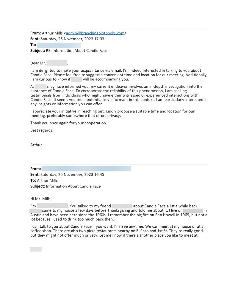 Email exchange between Arthur Mills and Mr. Smoe discussing Candle Face, with details of a potential meeting and references to past events in Austin.
