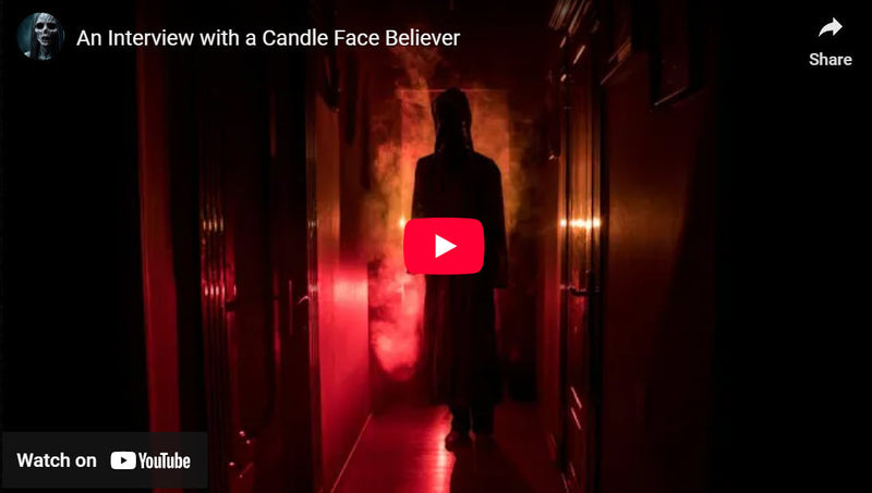 Thumbnail for 'An Interview with a Candle Face Believer'—a shadowy figure looms in a dimly lit hallway, surrounded by red mist. A deep dive into Mr. Smoe’s unsettling experiences with Candle Face.