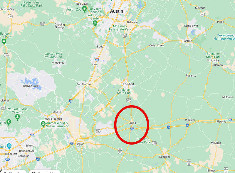 A map highlighting Luling, Texas, encircled in red. This location is central to a mysterious case tied to Candle Face, drawing attention to unexplained events and lost souls connected to the legend.