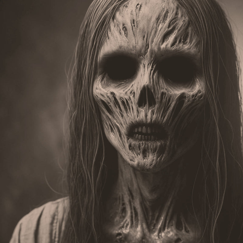 A sepia-toned depiction of Candle Face, her skeletal face etched with deep scars and hollow eyes that stare into the void. The lifeless expression and decayed features evoke a sense of dread. Related to Candle Face Chronicles.