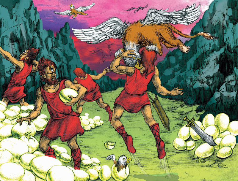 An illustration from The Empty Lot Next Door, depicting Ricky’s story of Griffin and his magical adventures—a world of cyclops warriors, griffins, and enchanted battles.