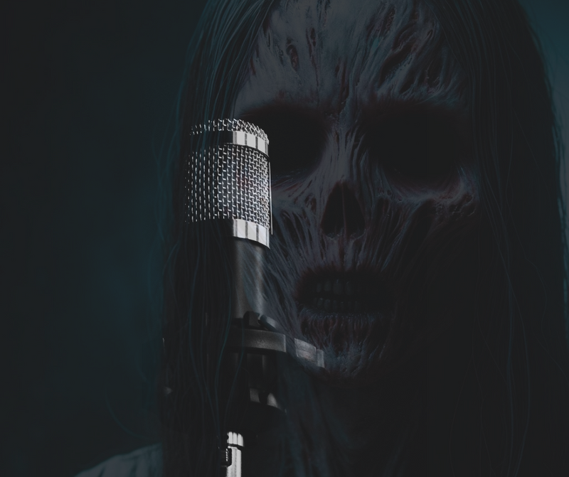 Candle Face, a haunting, shadowy figure with a charred, skeletal face speaks into a metallic microphone against a dark blue background. The image represents the audiobook release of The Empty Lot Next Door by Branching Plot Books, conveying a chilling, at
