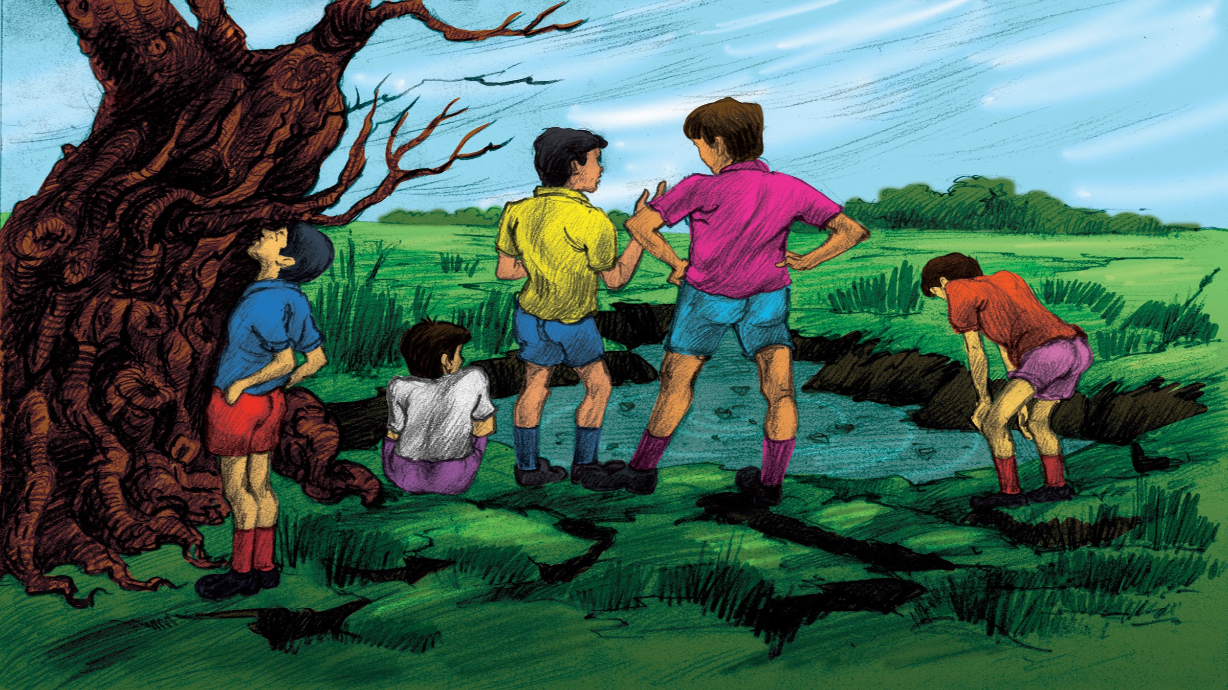 Ray and his friends gather around the mysterious hole in The Empty Lot Next Door, talking about the family who perished in the fire—the beginning of Candle Face’s haunting legacy.